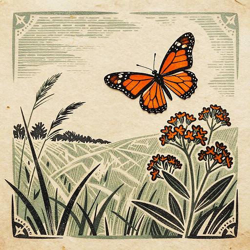 Monarch Butterfly Woodcut Illustration