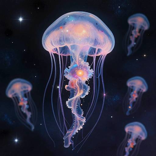 Photograph of glowing jellyfish with translucent, dome-shaped bodies and flowing tentacles, set against a dark, starry ocean background.