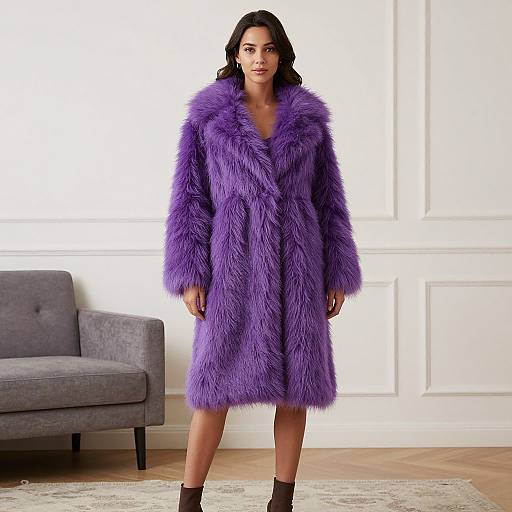 Photograph of a woman with medium brown skin and black wavy hair, wearing a vibrant purple fur coat, standing in a modern white-walled room