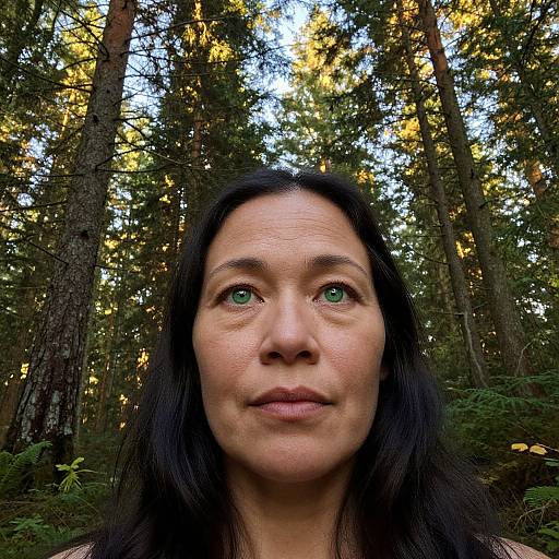 Photograph of a woman with long black hair and green eyes, standing in a forest with tall trees and sunlight filtering through leaves.