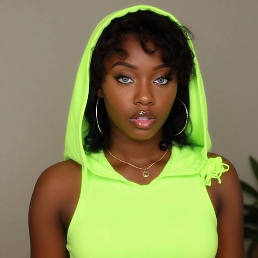 Photograph of a beautiful Black woman with bright blue eyes, wearing a neon green hooded top, large hoop earrings, and a nose ring, against