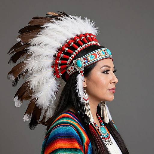 Photograph of a woman with medium brown skin, black hair, wearing a red and white feathered Native American headdress, colorful striped top, turquoise