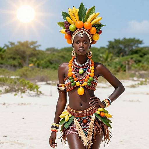 Photograph of a dark-skinned African woman in vibrant fruit-adorned headdress and jewelry, standing on a sunlit beach with greenery in