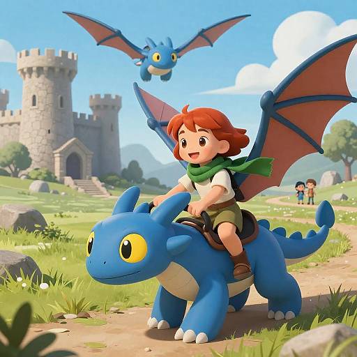 Girl Riding Blue Dragon in Medieval Landscape