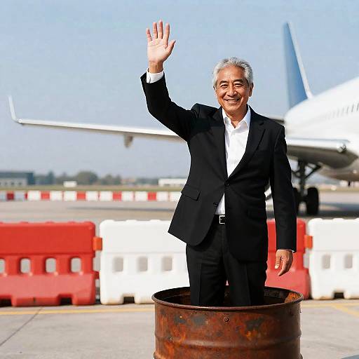 Cheerful Man in Barrel at Airport
