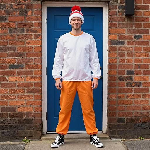 Man in Funny Beer Costume Standing by Door