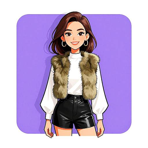 Digital illustration of a smiling woman with brown hair, wearing a white long-sleeve shirt, fur vest, black shorts, and hoop earrings, against
