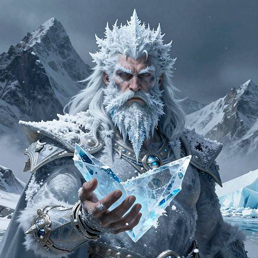 CGI image of a white-bearded, icy-crowned king with ornate silver armor, holding glowing ice crystals in a snowy mountain landscape.
