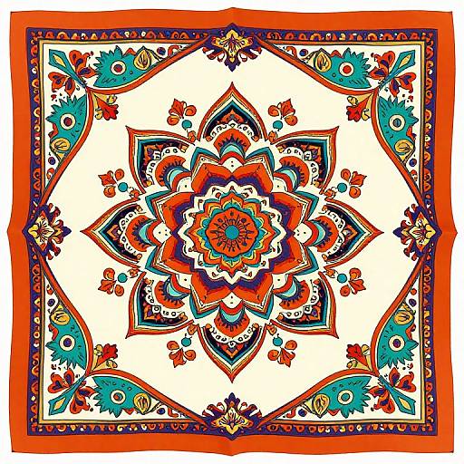 Vibrant square mandala design with intricate floral patterns in orange, blue, teal, and red, bordered by a thick orange frame. Digital art