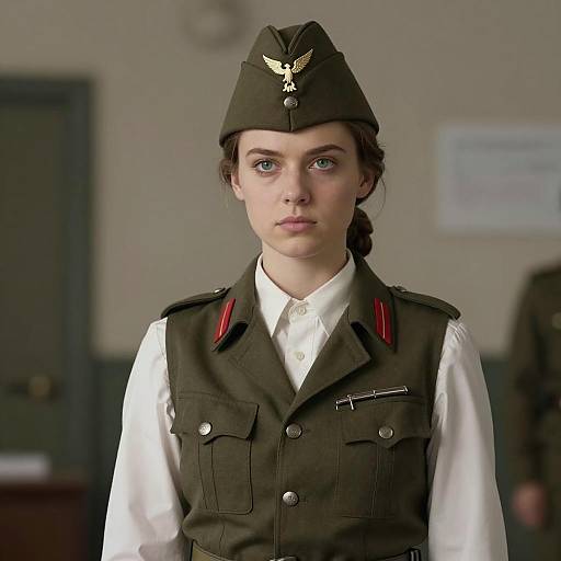 Young Woman in Vintage Military Uniform