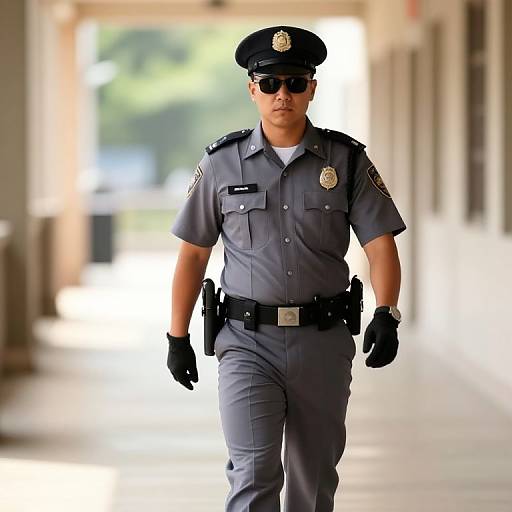 Serious Police Officer in Sunlit Corridor