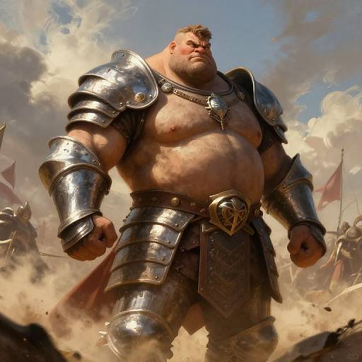 Digital artwork of a muscular, bald, bearded man in shiny medieval armor, standing powerfully amidst dust and flags, with a cloudy sky backdrop.