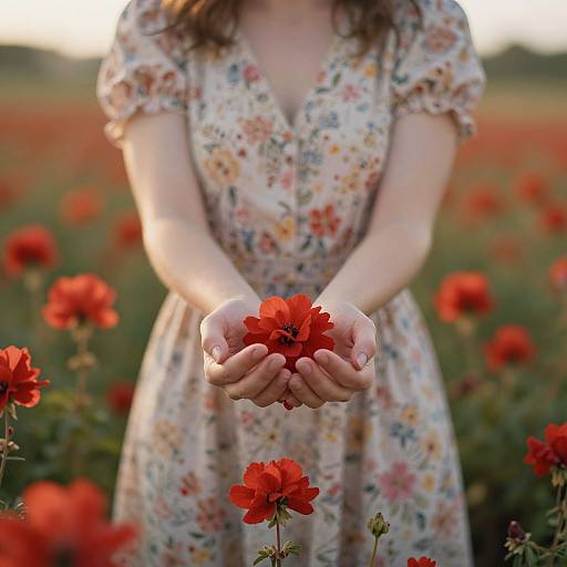 Photograph of a woman in a floral dress, holding a red flower in her cupped hands, standing in a field of red poppies at sunset