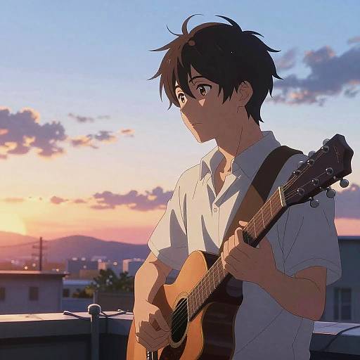 Anime Boys Playing Guitar at Sunset