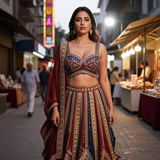 Photograph of a South Asian woman with long dark hair, wearing an ornate maroon and gold traditional outfit, standing confidently in a bustling evening street