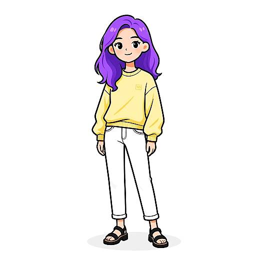 Digital drawing of a cute anime-style girl with purple hair, wearing a yellow sweater, white pants, and black sandals, standing against a white background.