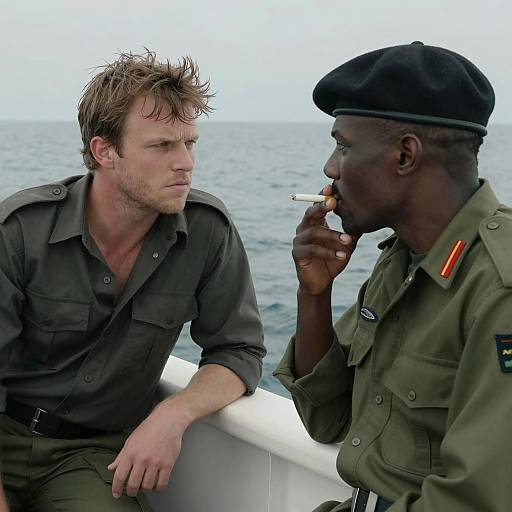 Two Men in Military Clothing on Boat by Ocean
