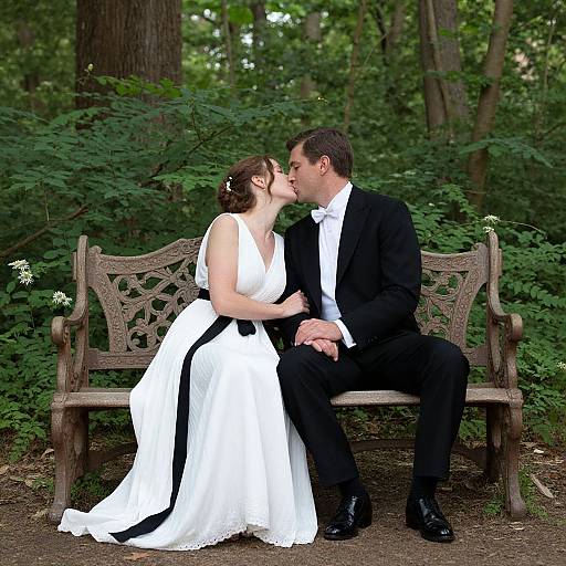 Photograph of a couple kissing on a wooden bench in a lush, green forest. The bride wears a white dress with black accents, the groom a