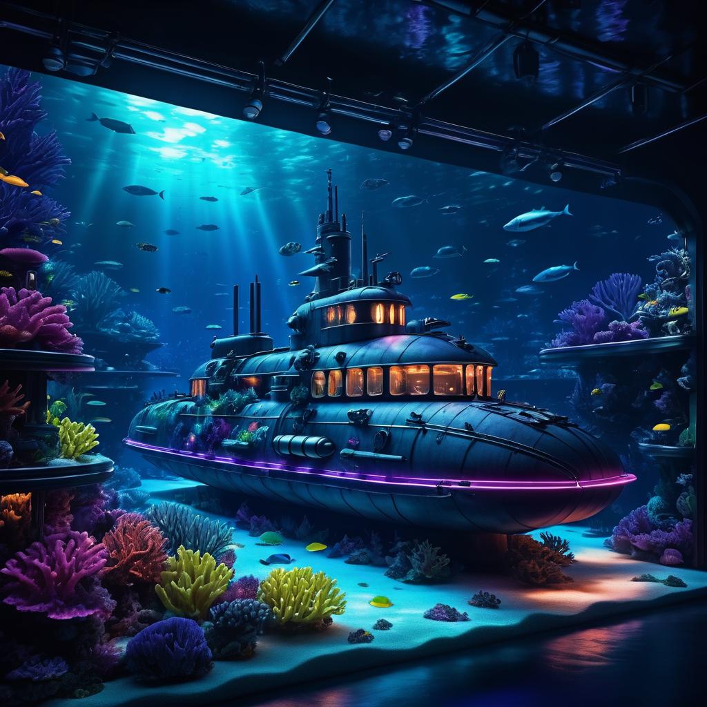 Neon Submarine Amidst Vibrant Coral Reef