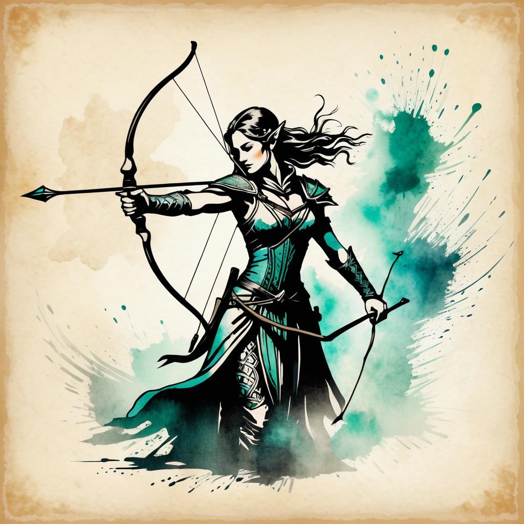 Elegant Elven Archer Ink Illustration