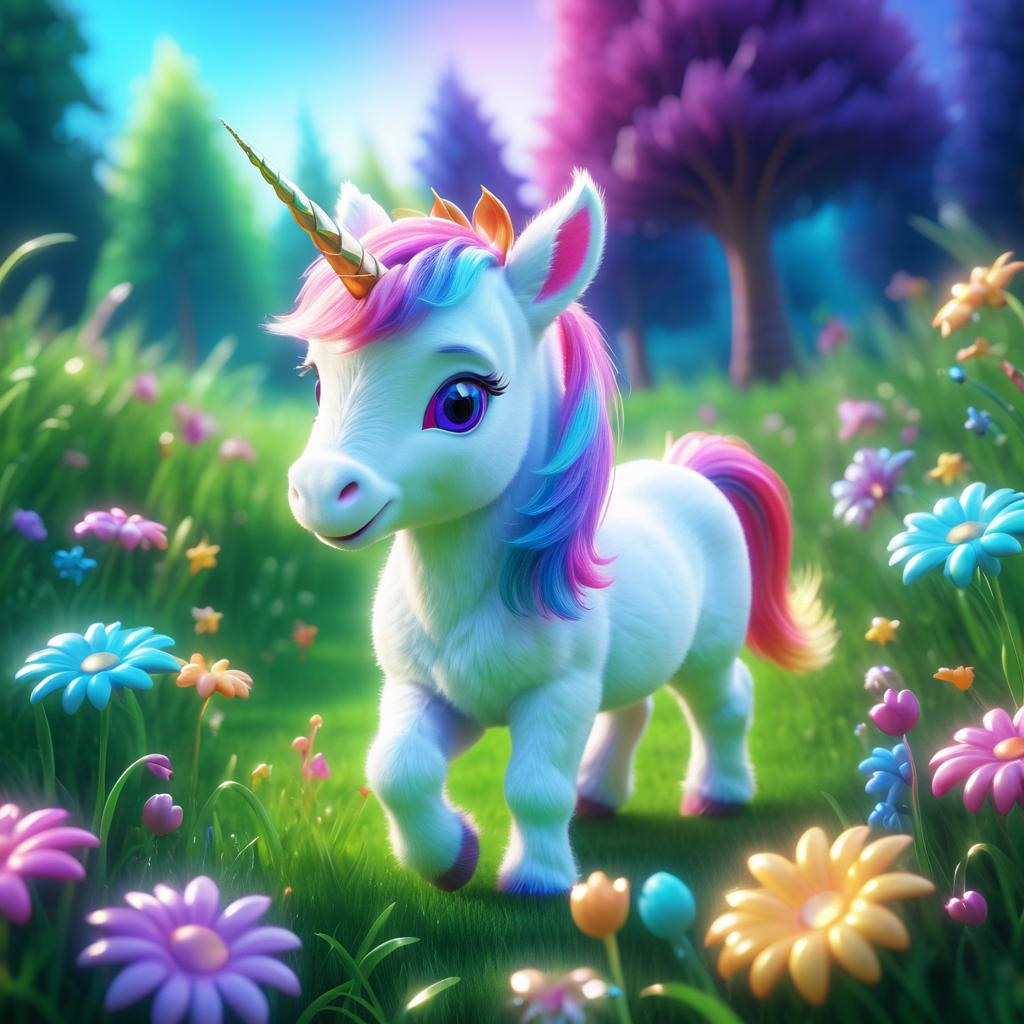 Vibrant Baby Unicorn in Enchanted Meadow