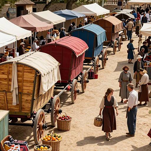Photograph of a bustling outdoor market with colorful wooden wagons, people in period clothing, baskets of fruits, and white tents.