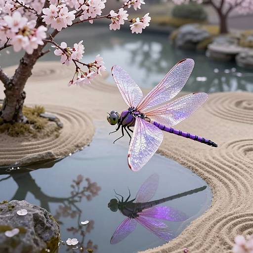 Photograph of a translucent purple dragonfly with iridescent wings hovering above a pond, reflecting cherry blossom branches and raked sand.