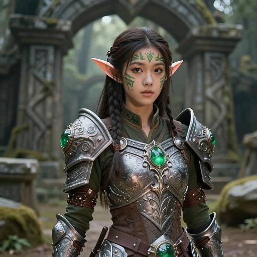 Digital art of an elven woman with green facial markings, long black hair, and pointed ears, wearing detailed silver armor with green gems, standing in