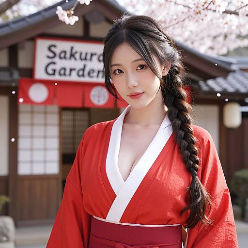 Photograph of an East Asian woman with long black braided hair, wearing a red kimono with white trim, standing in front of a traditional Japanese
