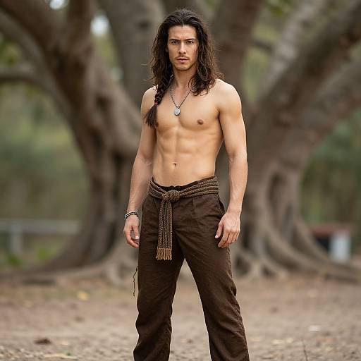 Photograph of a muscular, shirtless man with long brown hair, wearing brown pants and a tied belt, standing in a wooded area.