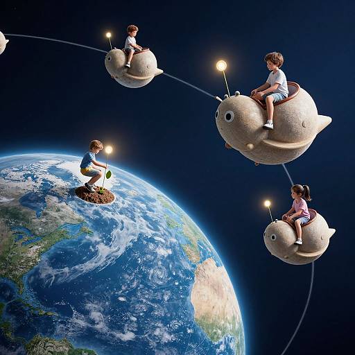 CGI image of four children riding pig-shaped spacecraft with glowing lights, soaring above Earth against a dark space background.