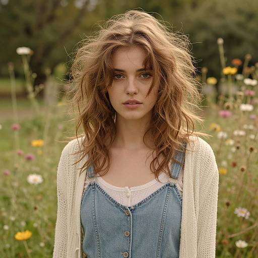 Photograph of a young woman with tousled brown hair, wearing a white cardigan over a blue denim dress, standing in a sunlit, wild