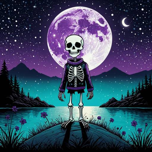 Cute Skeleton in Holiday Jumper on Nighttime Island