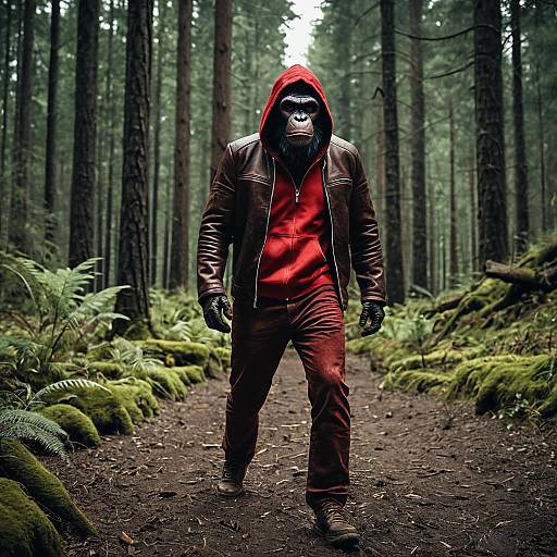 Man Wearing Ape Mask in Forest