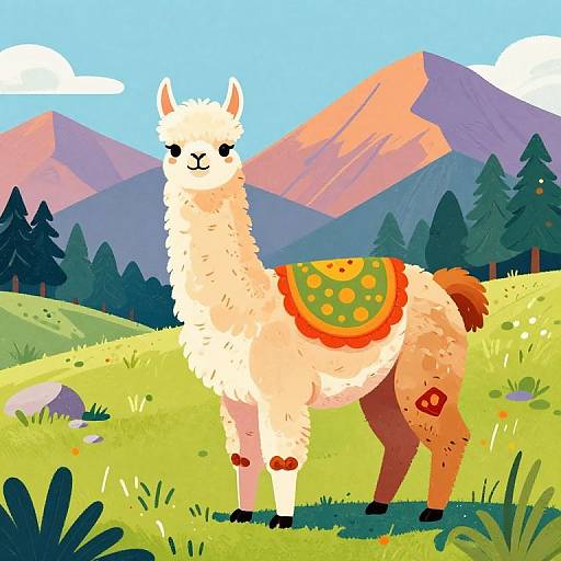 Vibrant Stylized Llama Mountain Scene