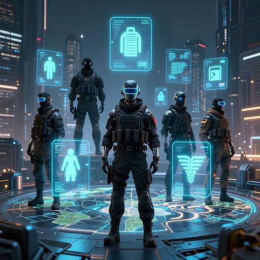 Futuristic Tactical Team with Holographic Techwear Symbols