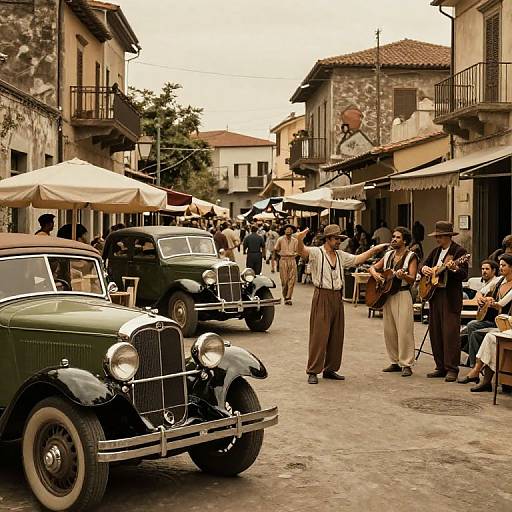 Vintage street scene photograph: musicians in 1940s attire playing instruments beside classic green and black cars, under white umbrellas in a cobblestone
