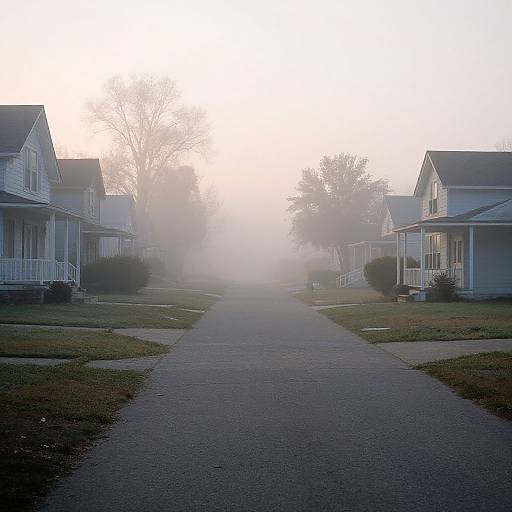 Photograph of a foggy suburban street with two rows of white, ranch-style houses on either side, leading to a misty horizon.