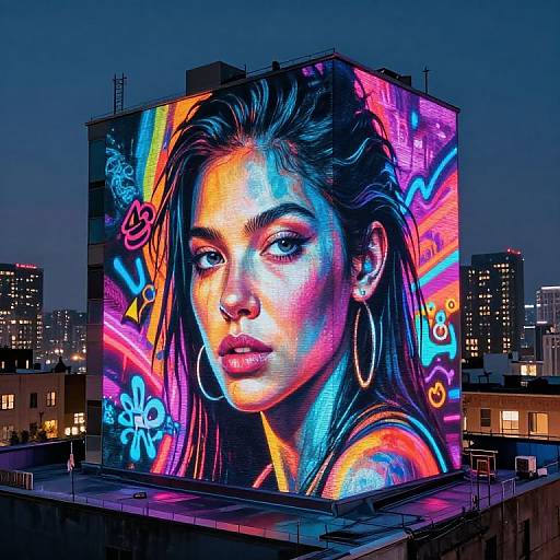 Vibrant neon mural of a Latina woman with hoop earrings and long hair on a rooftop at night, cityscape in background.
