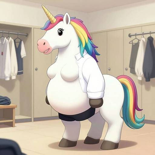 Digital drawing of a chubby, anthropomorphic unicorn with a rainbow mane and tail, wearing a white shirt and black pants, standing in a brightly lit,