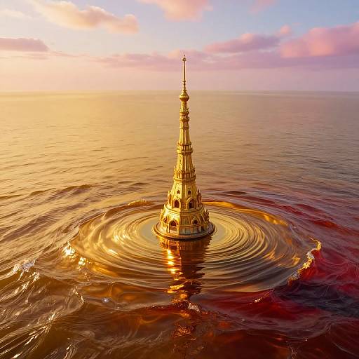 Photograph of a golden, ornate spire rising from calm, reflective ocean water during sunset, creating ripples and golden light reflections.