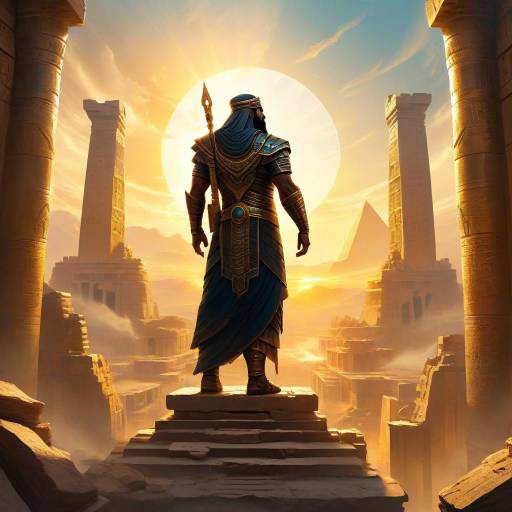 Ancient Egyptian Warrior Standing Among Ruins at Sunrise