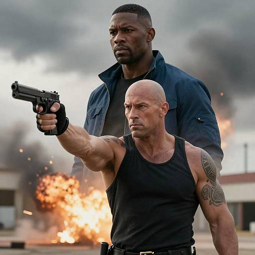 Intense Duel Amidst Explosion