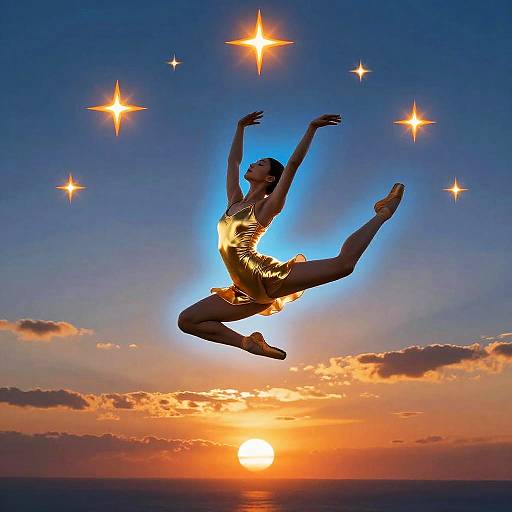 Silhouetted ballerina in gold dress leaps against a vibrant sunset sky, surrounded by glowing stars. Sun sets on horizon. Photograph.
