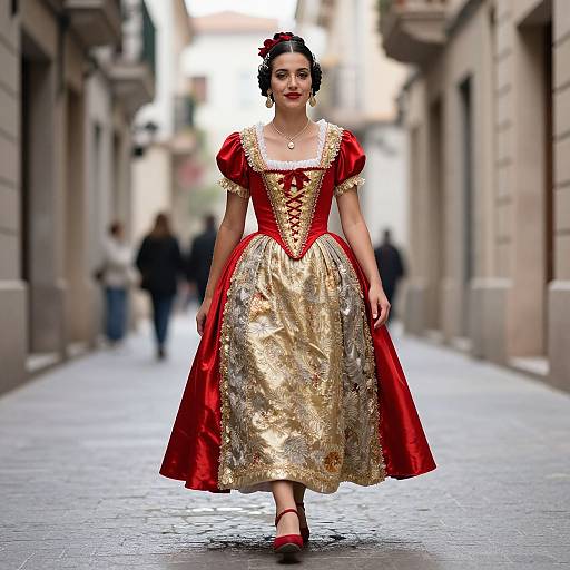 Photograph of a woman with fair skin and dark hair in a red and gold, puffed-sleeve Renaissance-style dress, walking down a cob