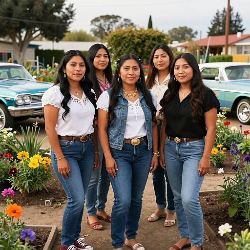 Empowered Chicanas in Blooming Garden