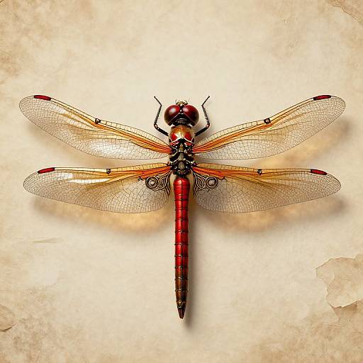 Photograph of a vibrant red dragonfly with intricate, translucent wings and black accents, centered on a textured beige background.
