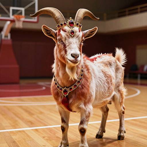 Regal Crimson Goat on Basketball Court