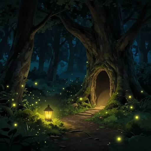 Enchanted forest scene at night, featuring a glowing lantern, glowing fireflies, and a large, mysterious, tree-shaped cave entrance.