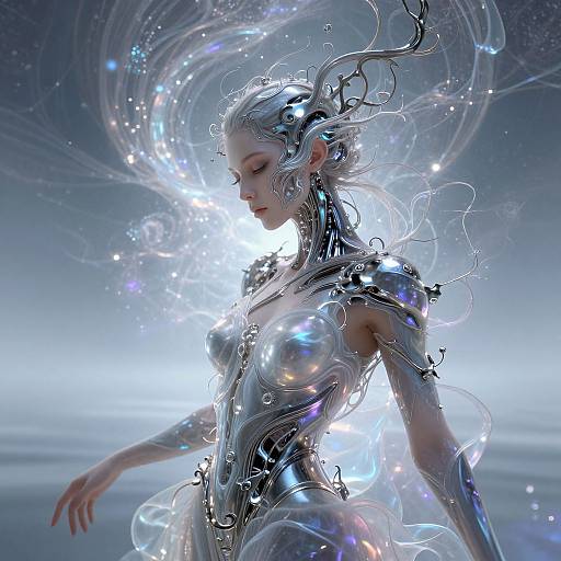 Digital artwork of a silver-haired, ethereal woman with flowing, metallic armor-like bodysuit, surrounded by glowing, translucent waves against a starry